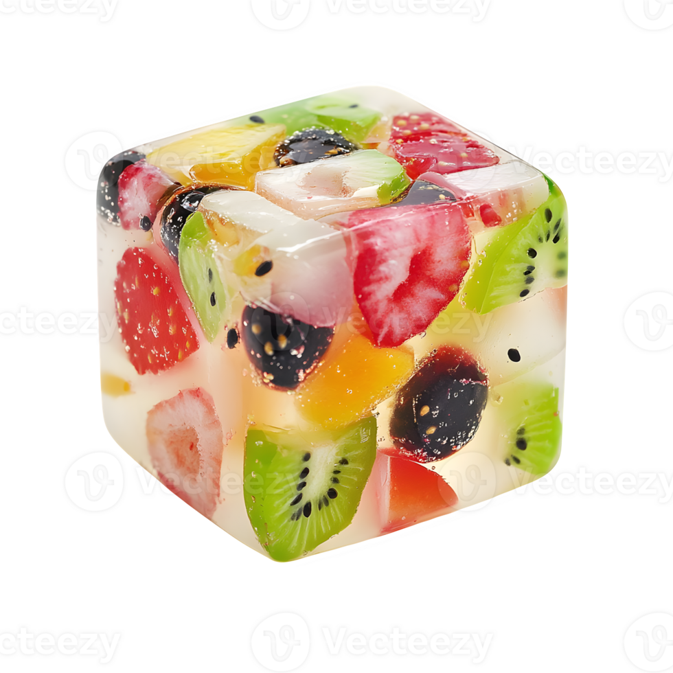 Delicious fruit jelly cube dessert with vibrant strawberries, kiwi, and other assorted fruits in a clear transparent jelly png