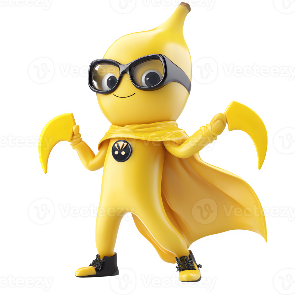 Superhero banana cartoon character isolated on transparent background png