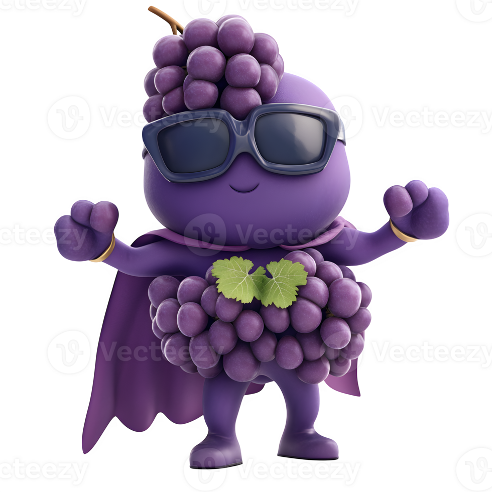 Superhero grape cartoon character isolated on transparent background png
