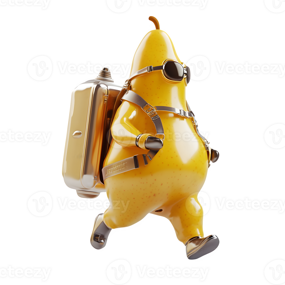 3d render of a pear character with jetpack isolated on transparent background png