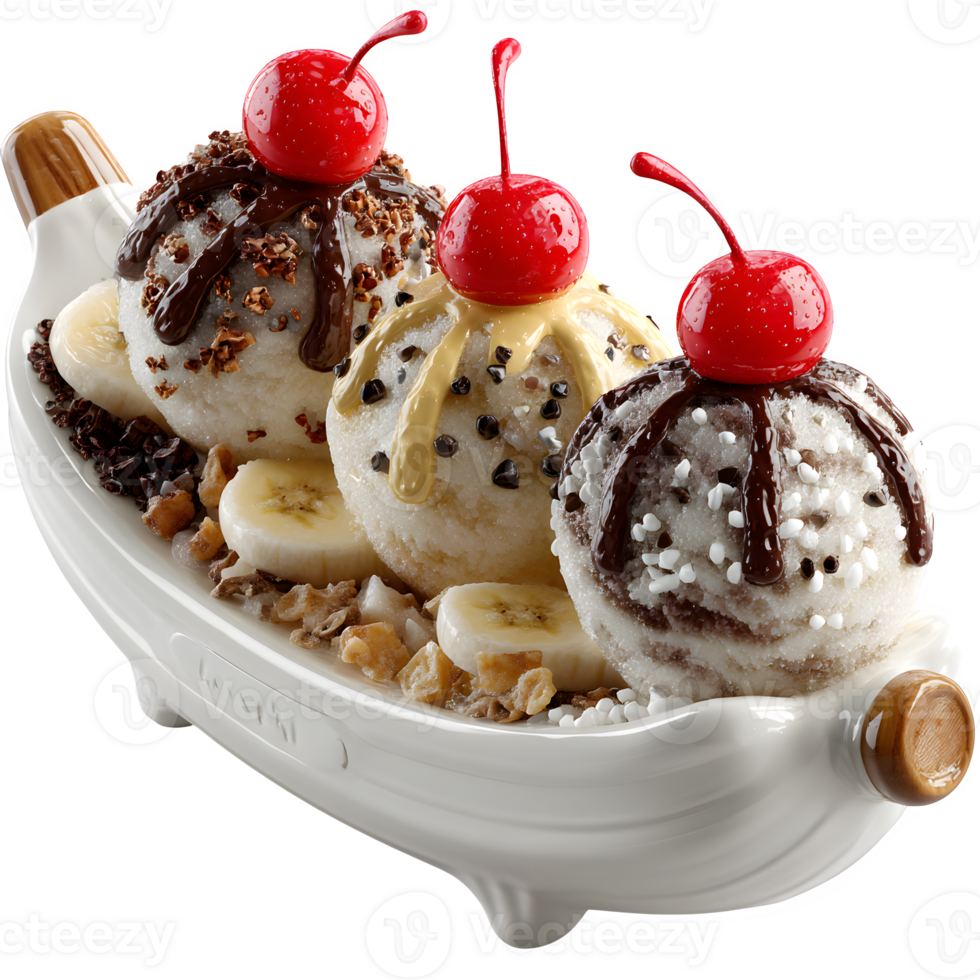 Delicious Banana Splits Ice Cream Sundae Dessert with Cherries and Chocolate Sauce png