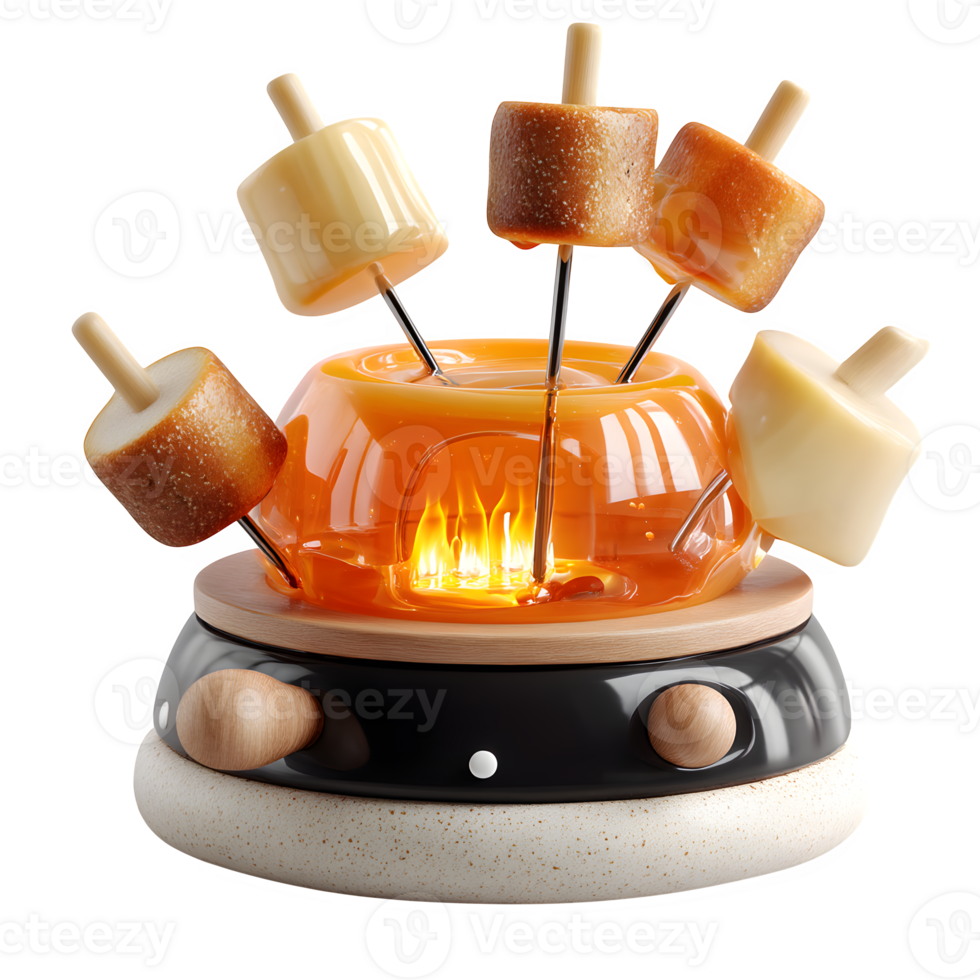 Delicious Fondue Set with Marshmallows Cooking on Sticks over a Warm Orange Liquid png