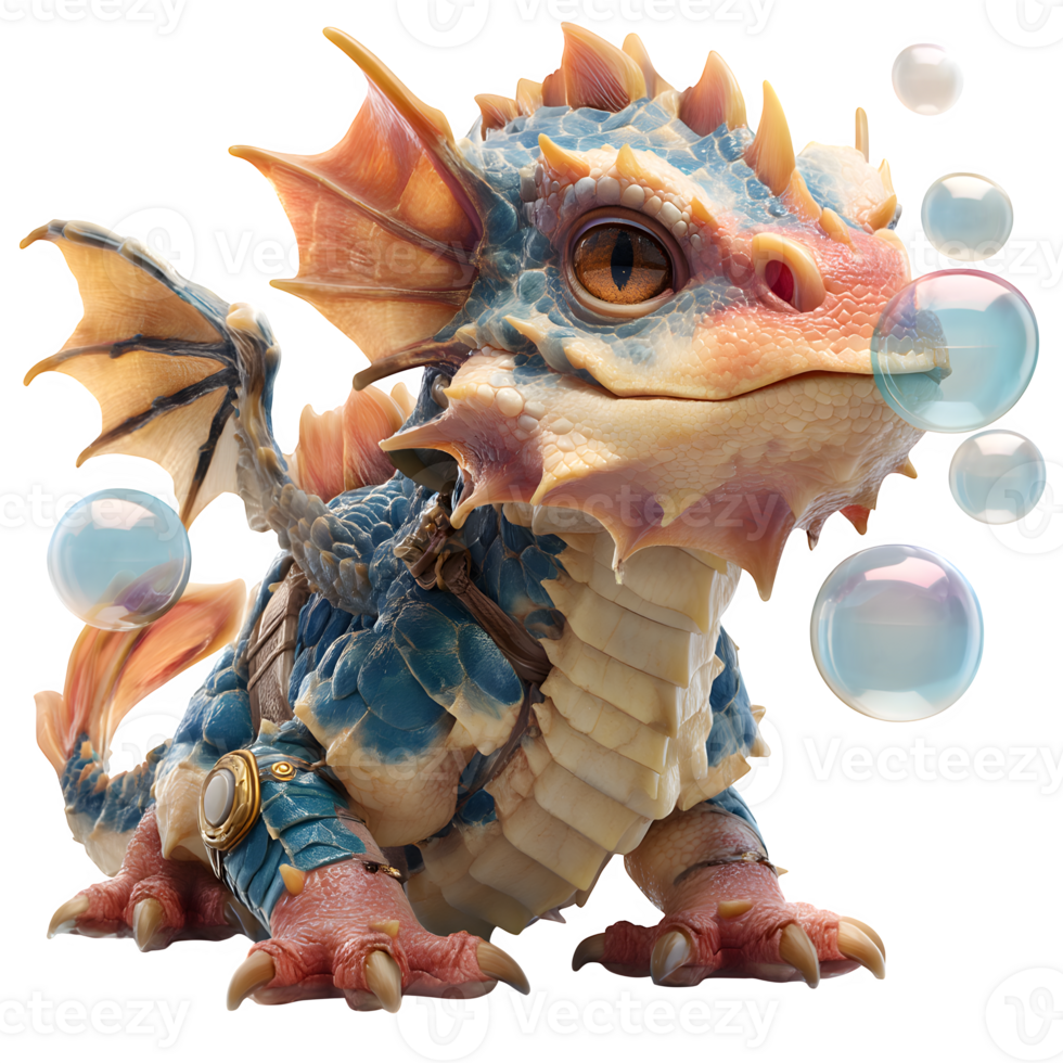 Adorable Baby Dragon Blowing Bubbles Fantasy Creature Art Illustration png