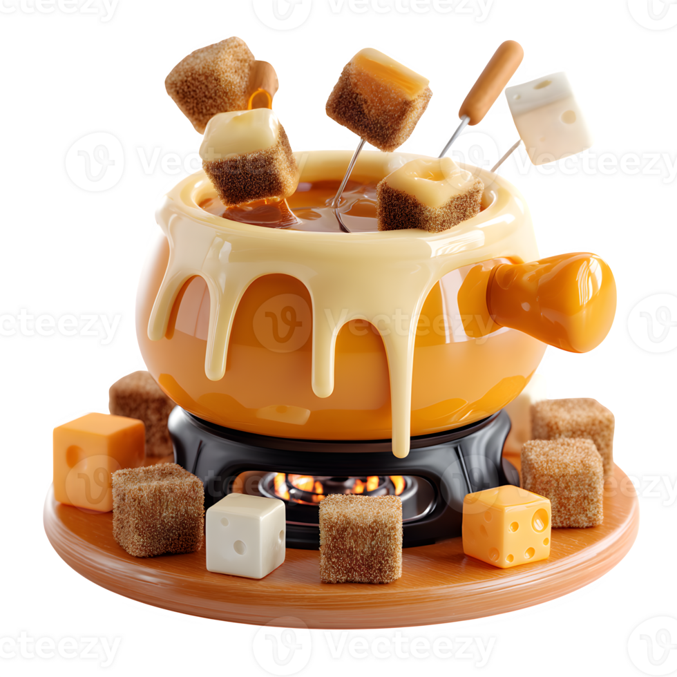 Delicious Cheese Fondue in Orange Pot with Brown Sugar Cubes and Cheese for Dipping png