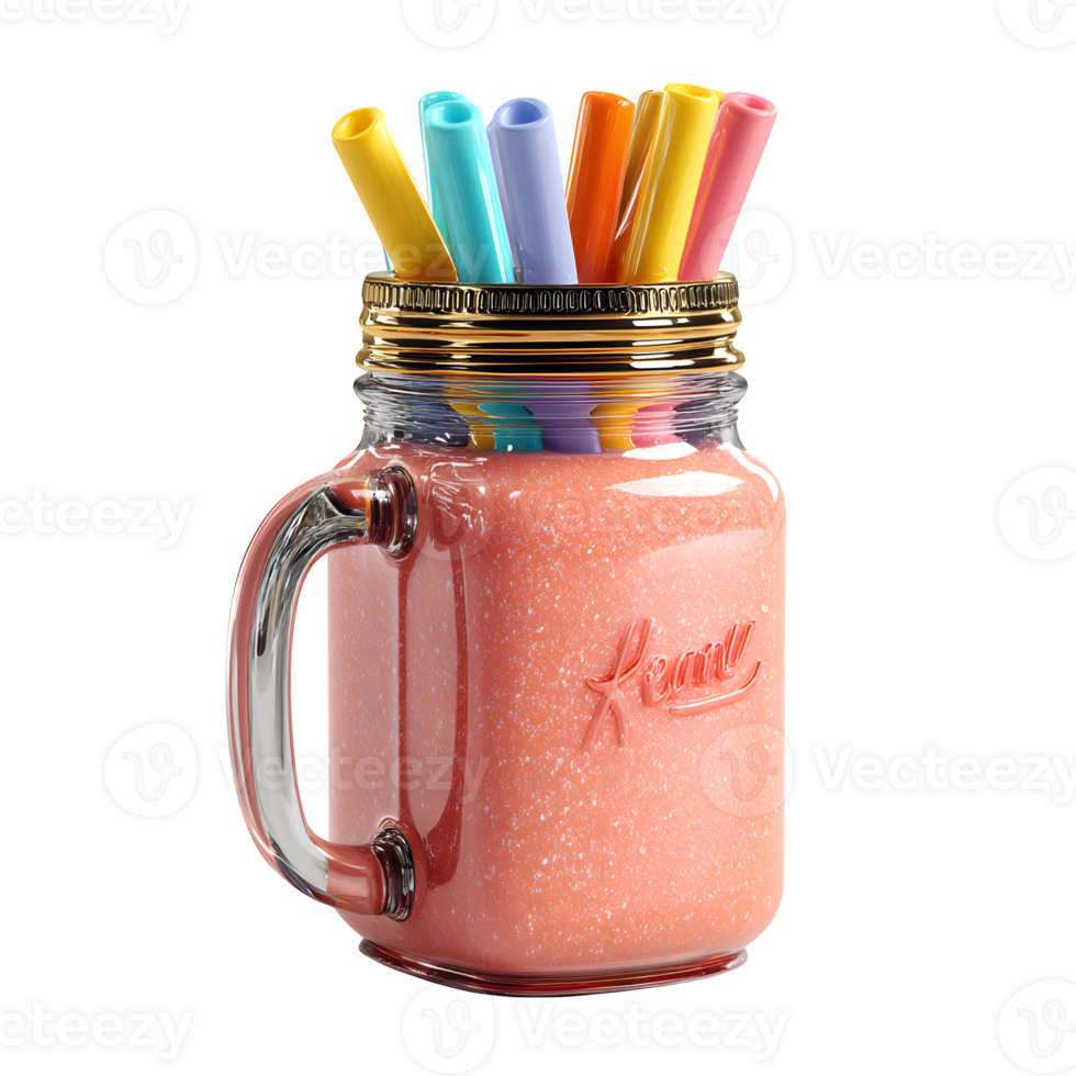 Refreshing Pink Smoothie in Mason Jar with Colorful Straws Perfect for Summer Drinks and Healthy Lifestyle png