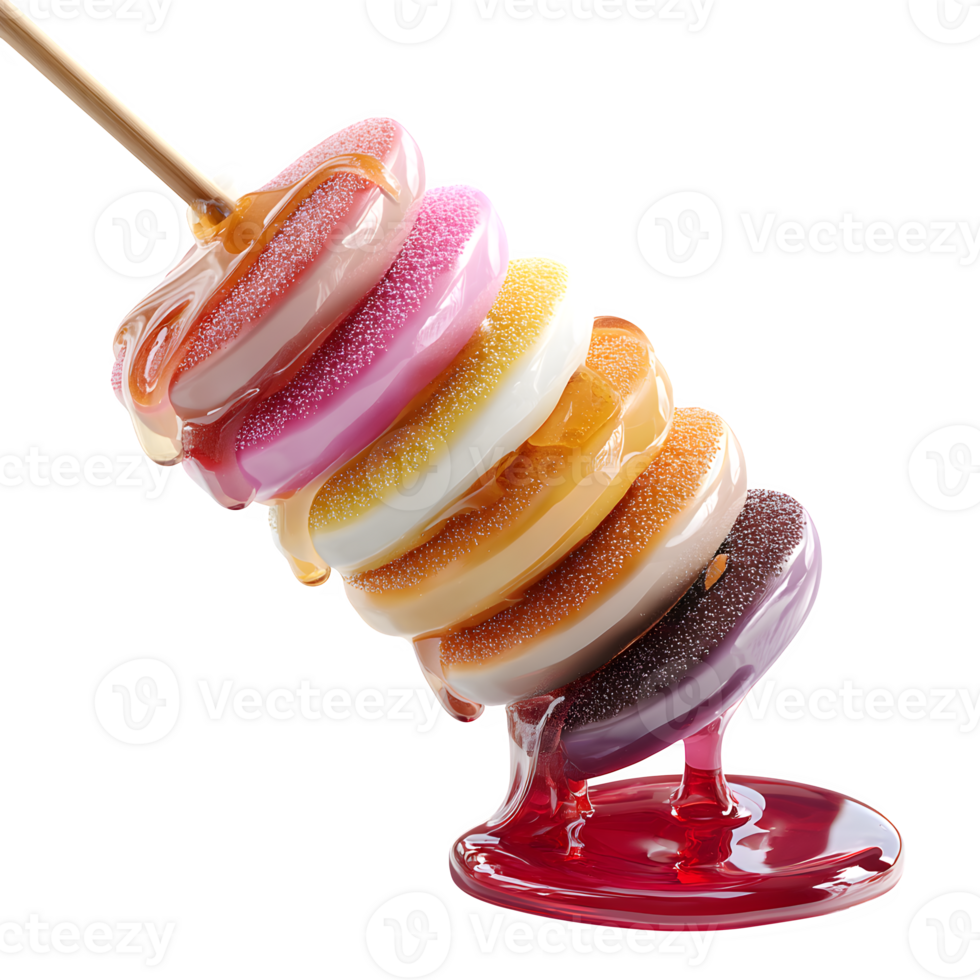 Delicious Stack of Colorful Gummies Drizzled with Honey on a Stick png