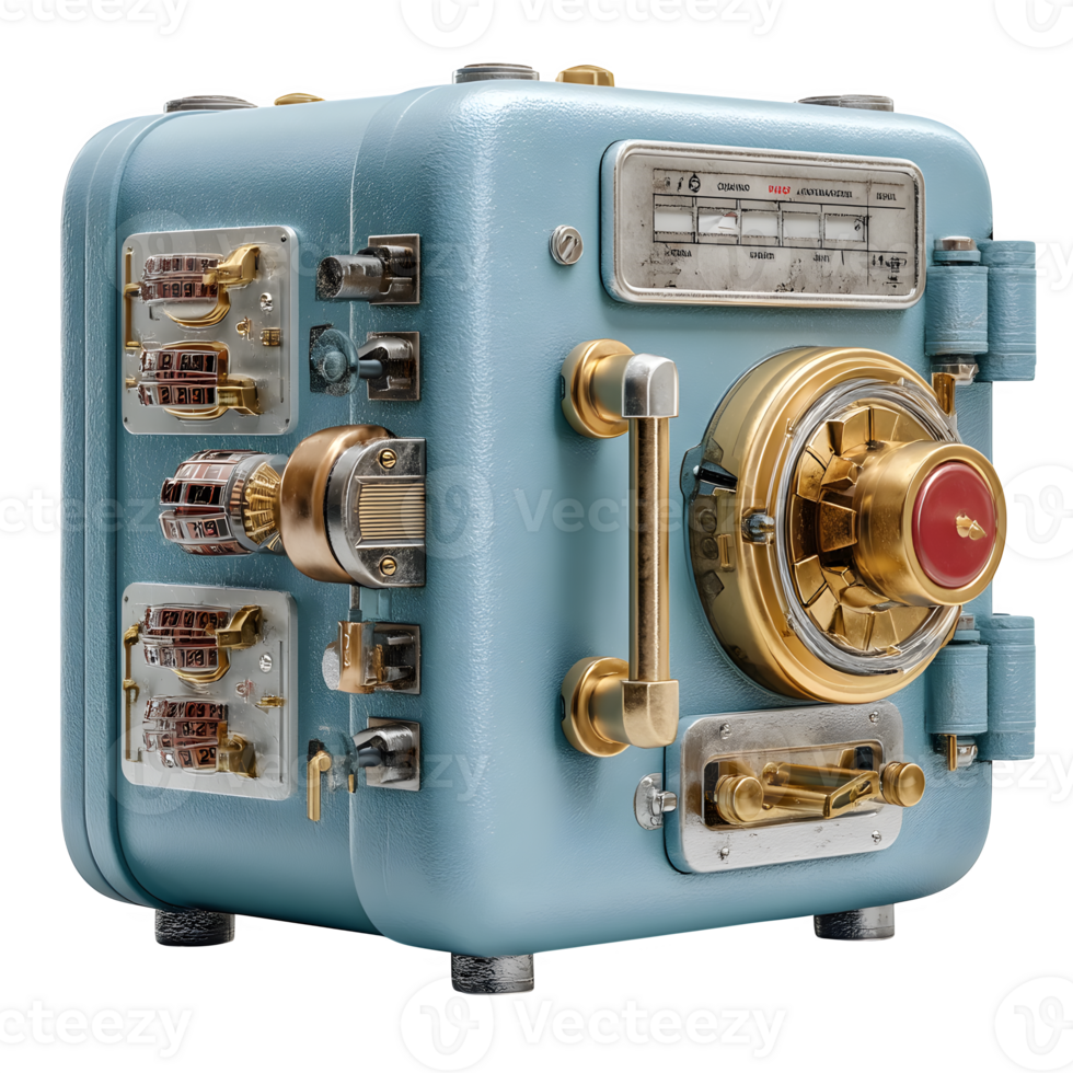 Vintage Steampunk Safe Box Detailed 3D Render Blue Metal Gold Brass Security Vault png