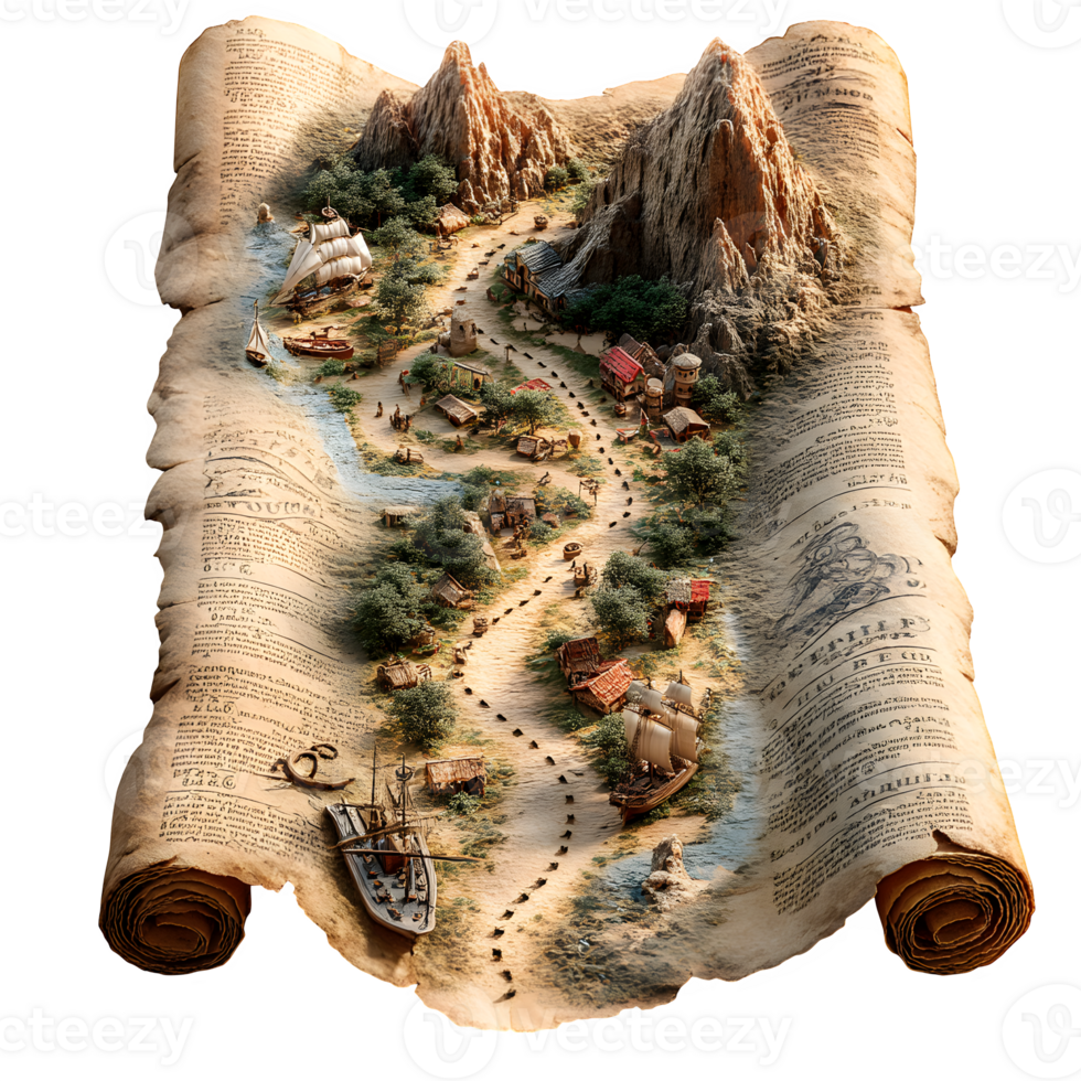 Ancient Treasure Map Scroll Unfolds Revealing Coastal Village Path Ships Mountains png