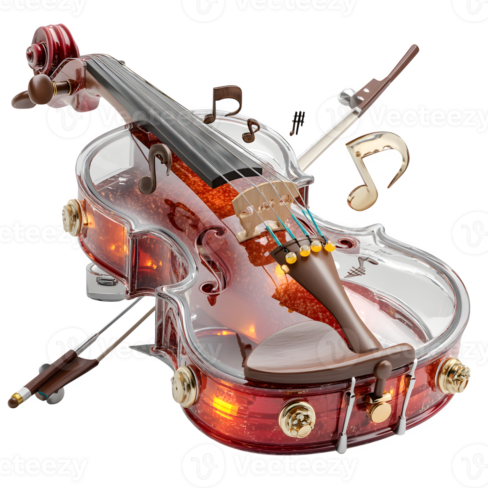 Sparkling Violin with Musical Notes Art Render Glowing Transparent Design Classical Music Instrument png
