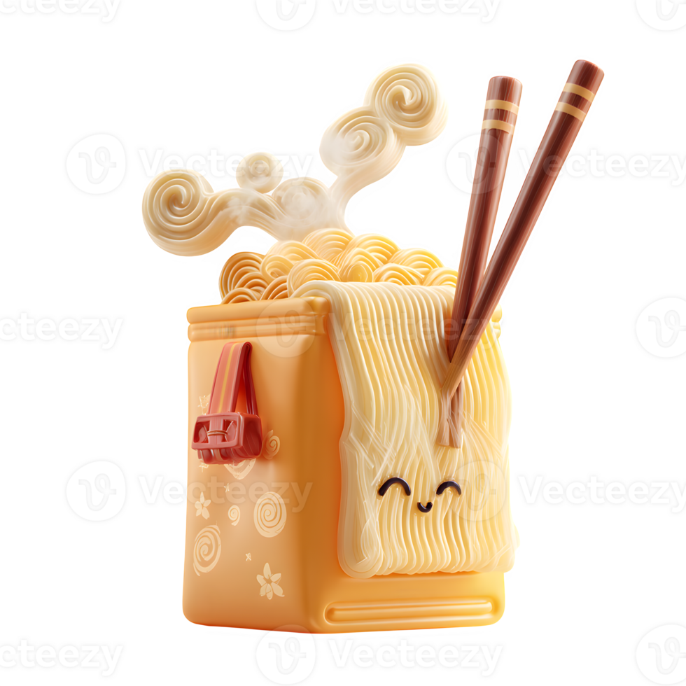 Cute cartoon ramen noodles in a box with chopsticks steaming happily on white background png
