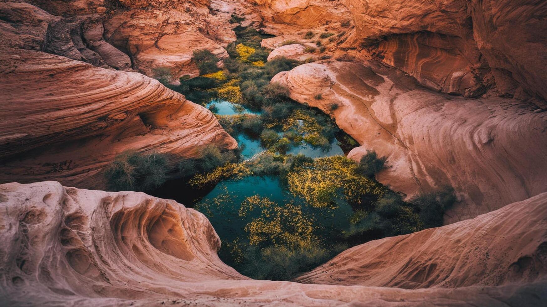The canyon is filled with water and rocks photo