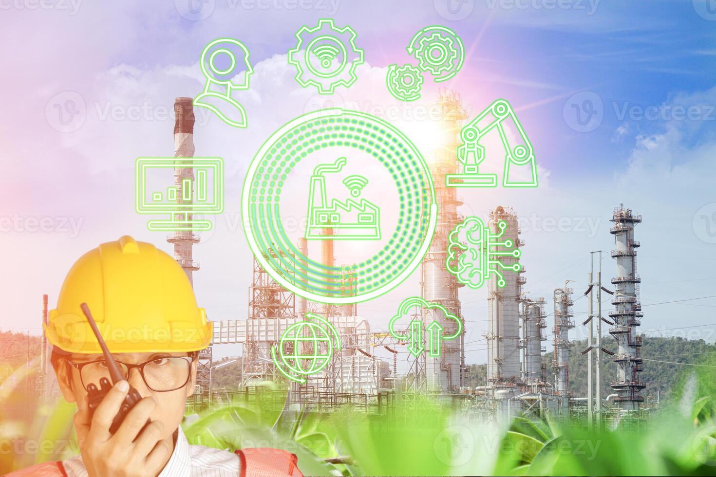 green industry eco power for sustainable energy saving environmental friendly low carbon footprint, green factory industry for good environmnt ozone air low carbon footprint production concept. photo