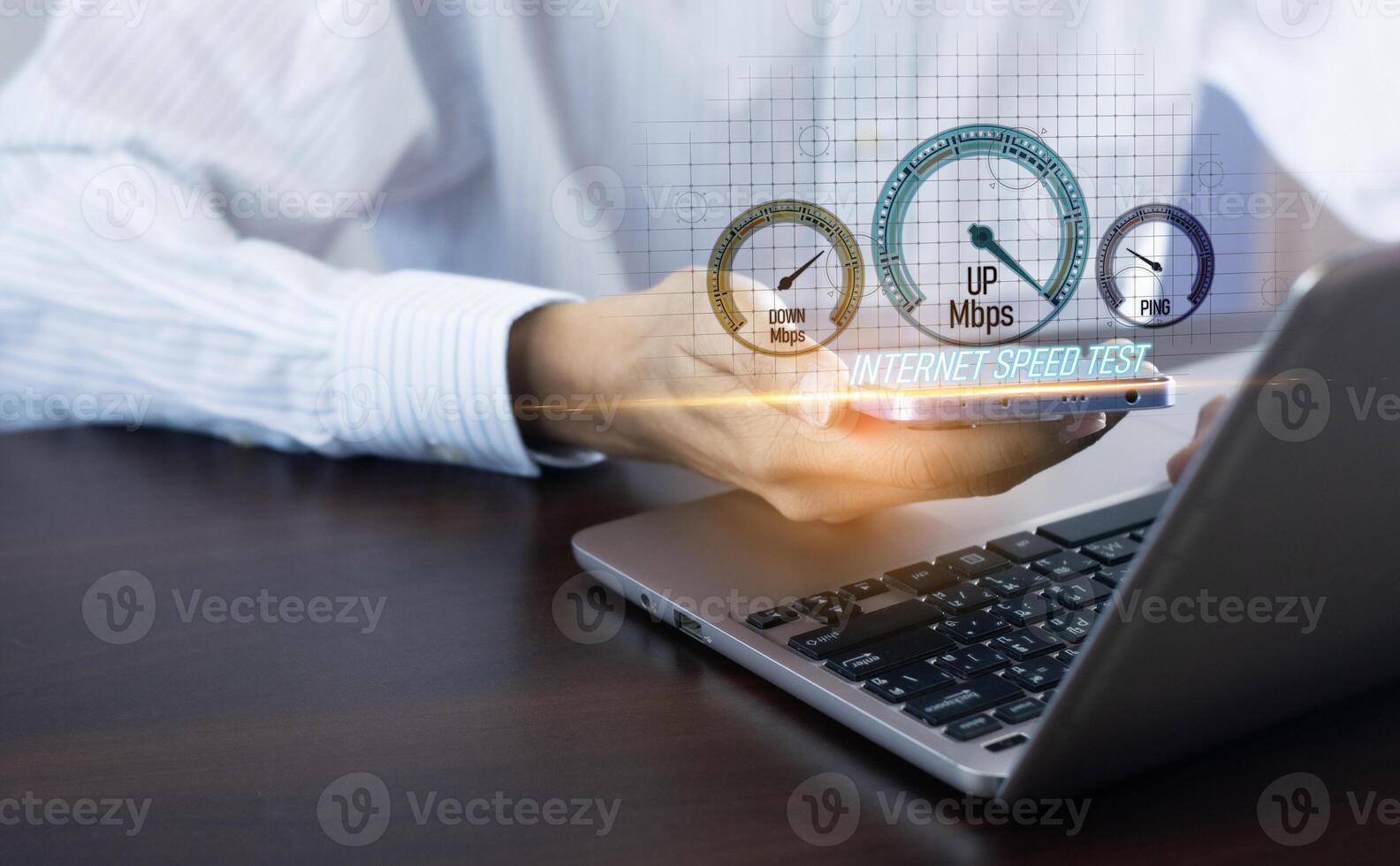 Network technology bandwidth test super fast internet connection speed people use high speed internet with smartphone and laptop computer 5G quality increase speed efficiency photo