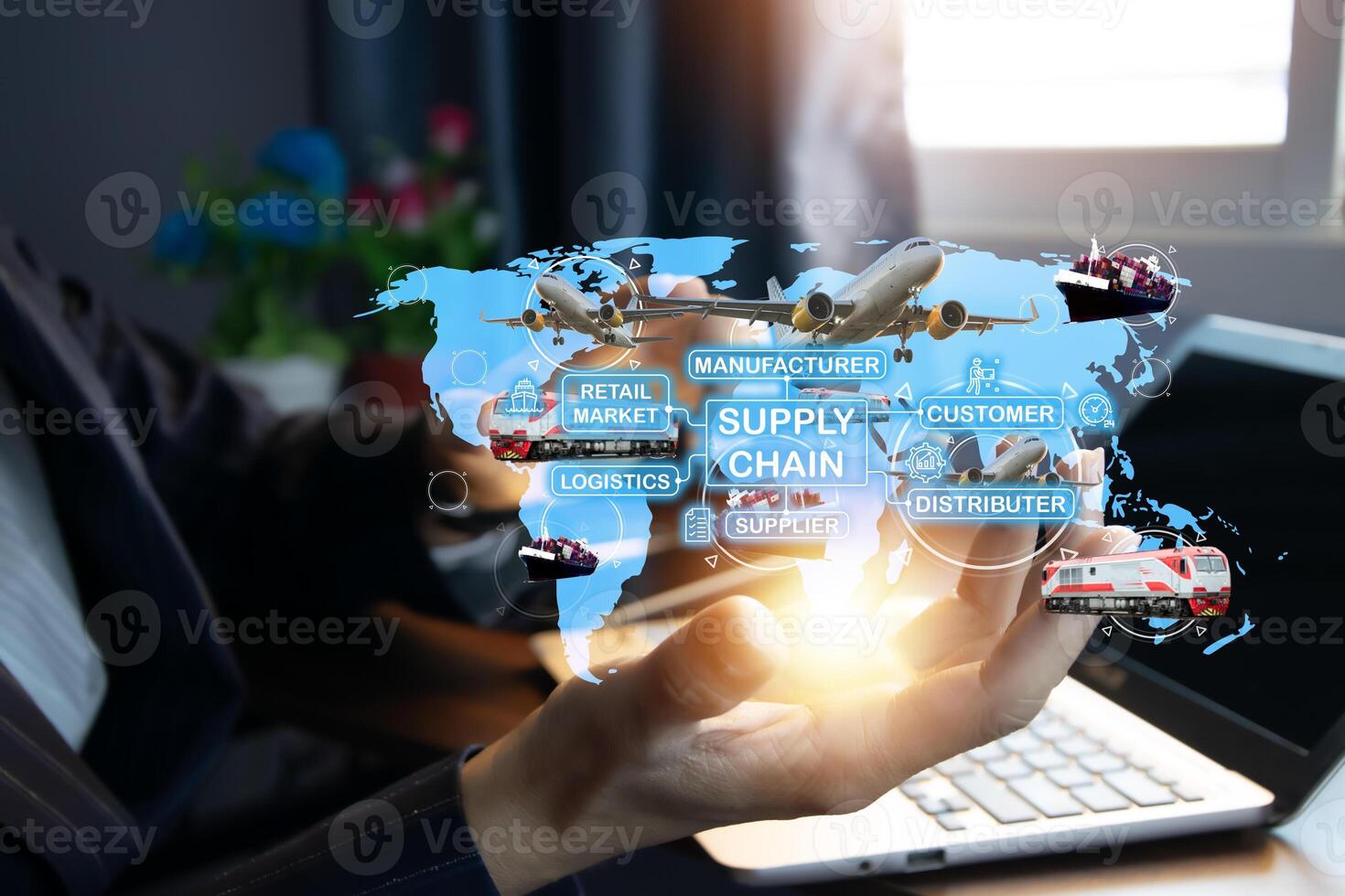 Logistics and transportation of container ships and freight aircraft, freight trains, basic cargo transportation, import and export industry, and logistics transportation. photo