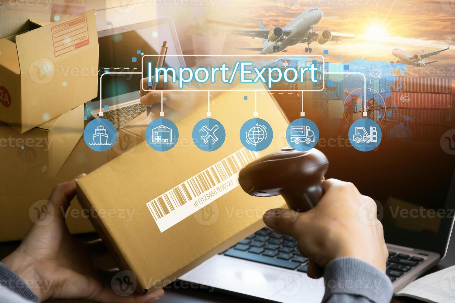 The concept of selling goods and transporting goods and services internationally photo