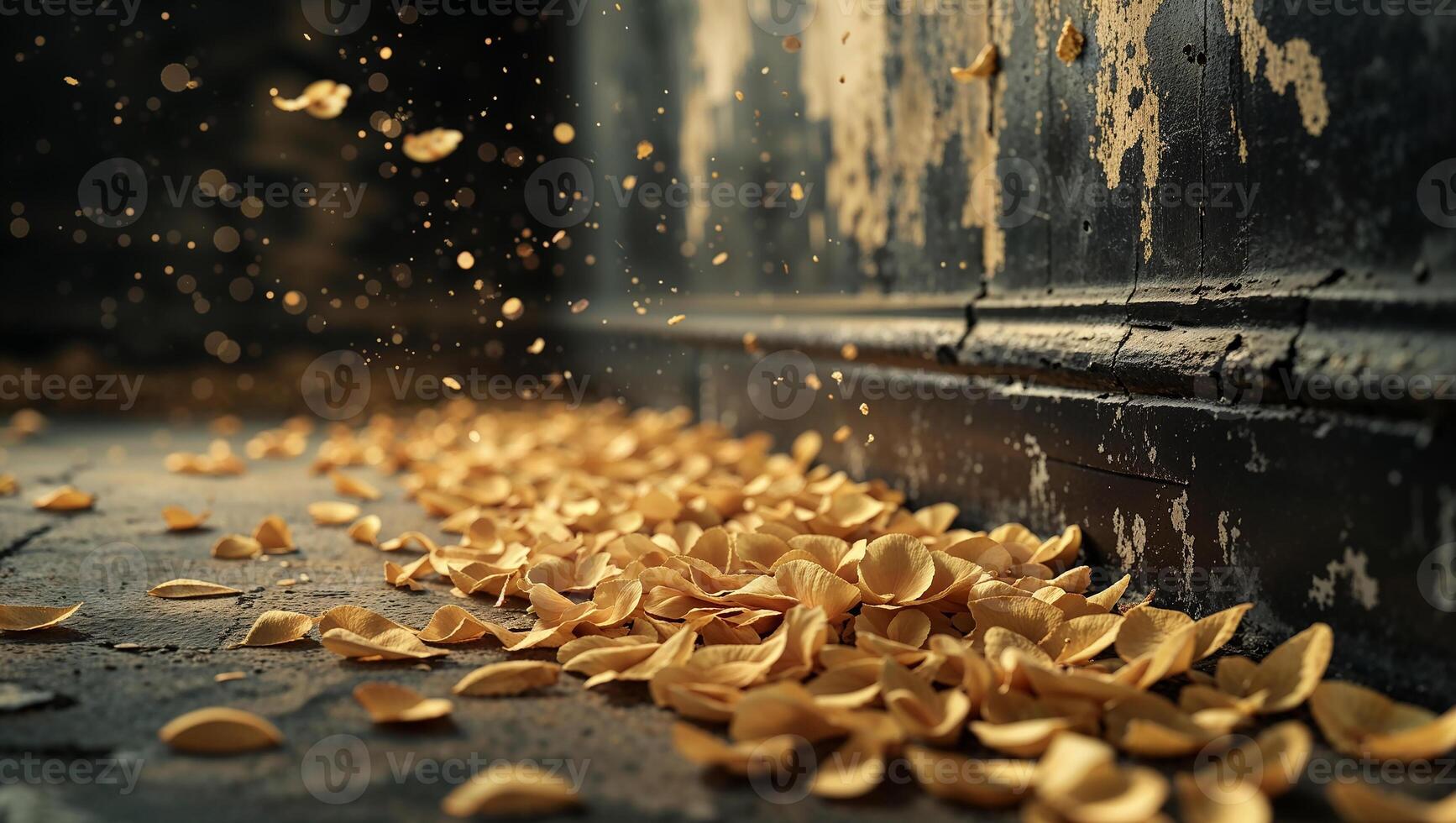 Golden leaves falling near old wall creating magical atmosphere photo