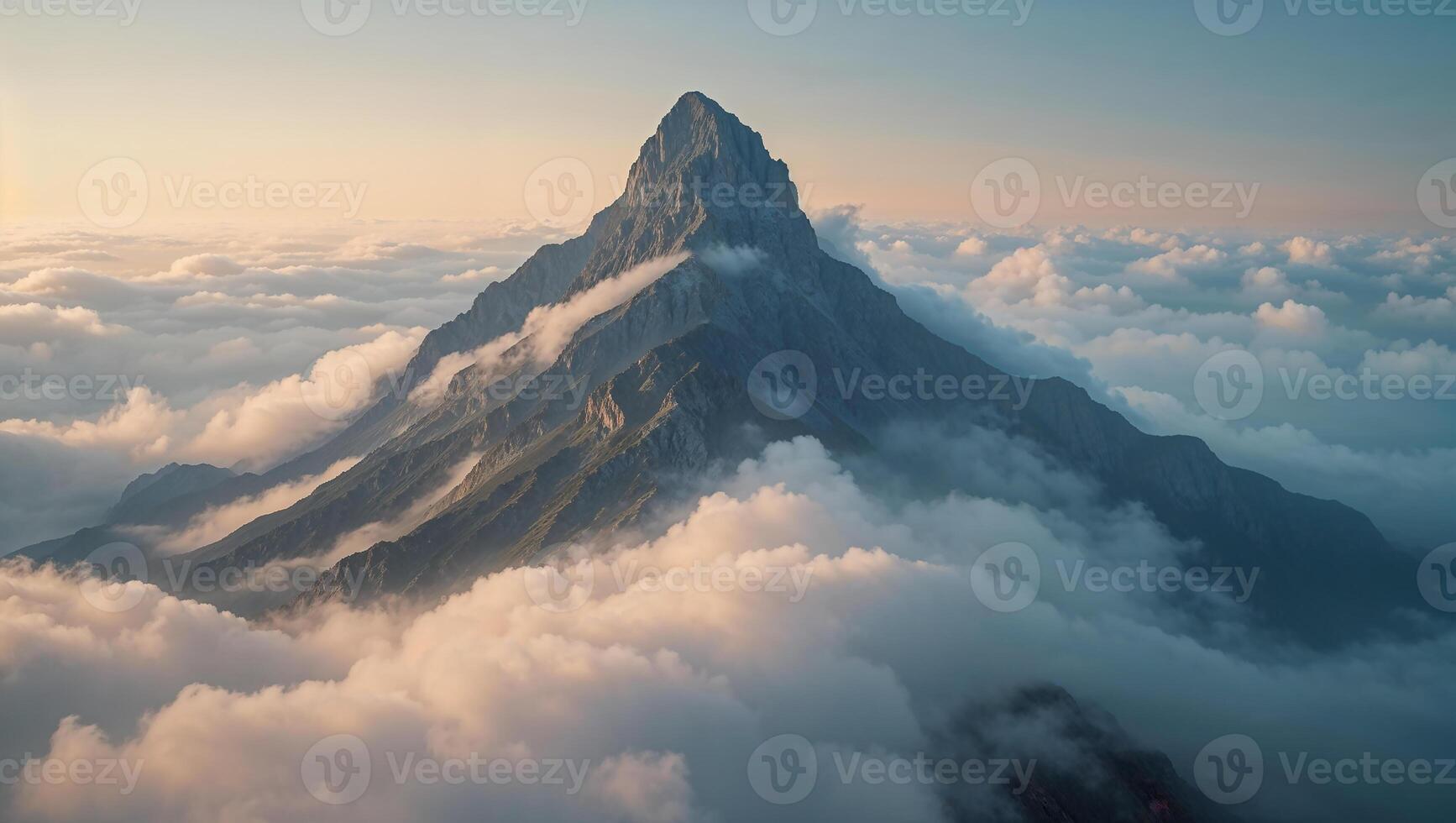 Majestic mountain peak emerging from a sea of clouds at sunset photo