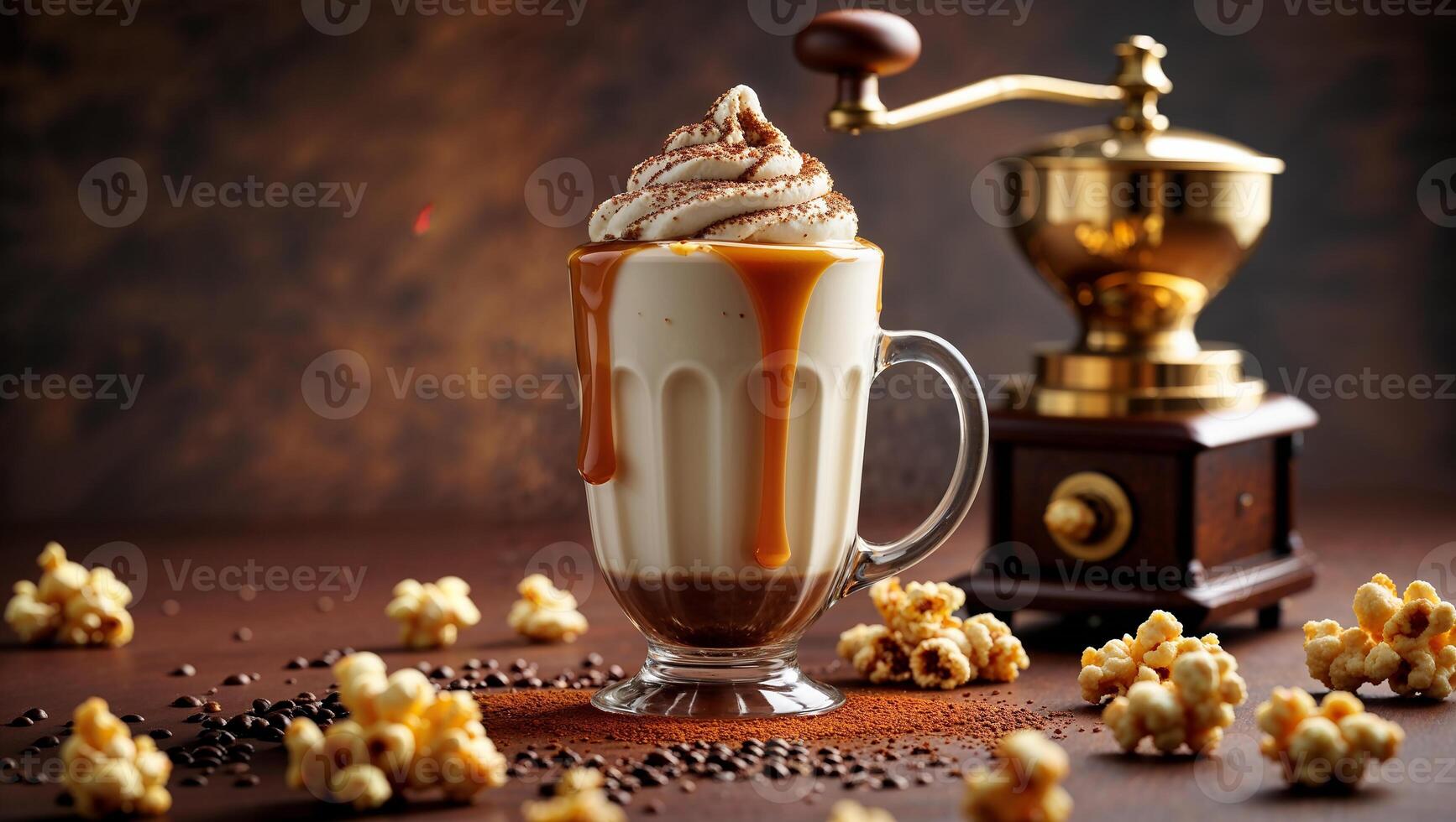 Creamy coffee delight with caramel drizzle and popcorn topping photo