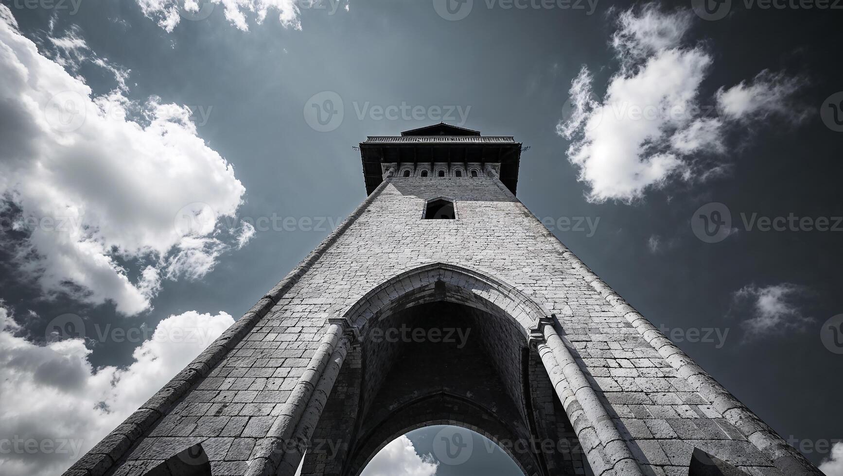 Imposing medieval tower reaching for cloudy sky photo