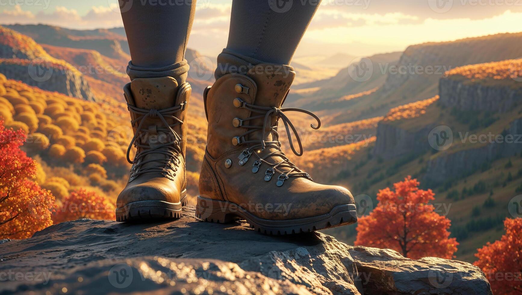 Hiker standing on rock overlooking autumn valley at sunset photo
