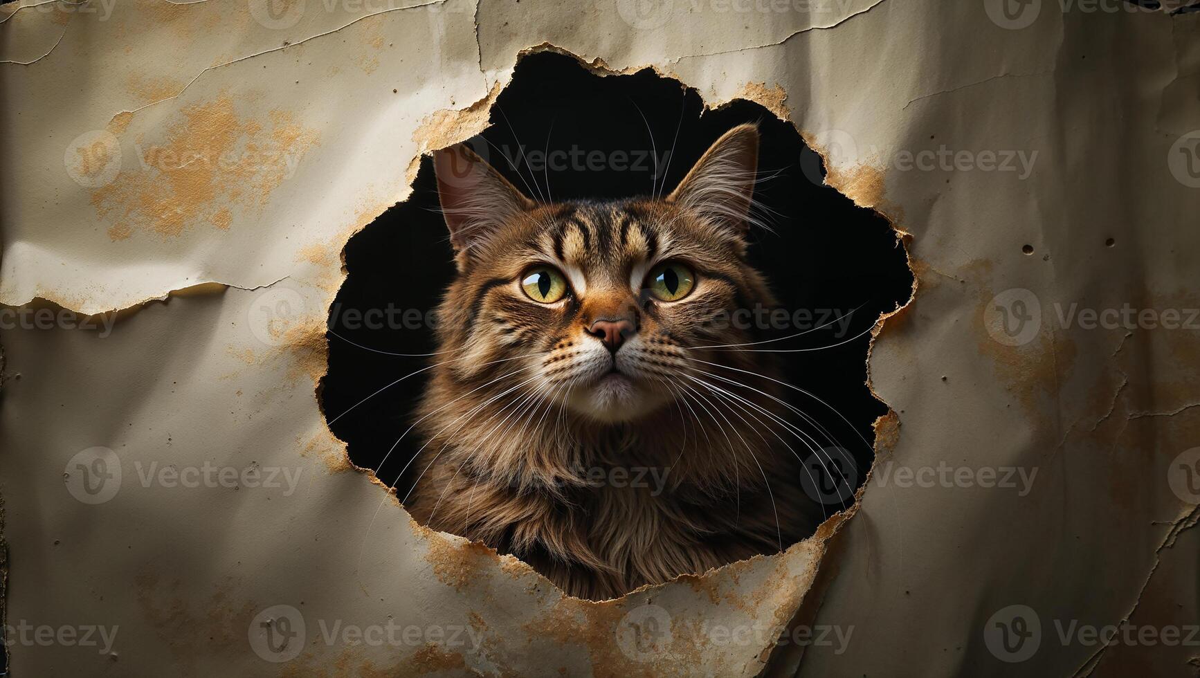 Curious cat peeking through hole in torn paper background photo