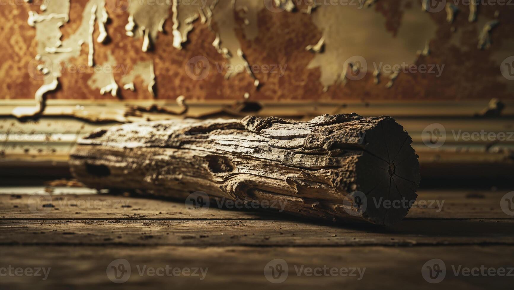 Weathered log resting on rustic wooden floor photo
