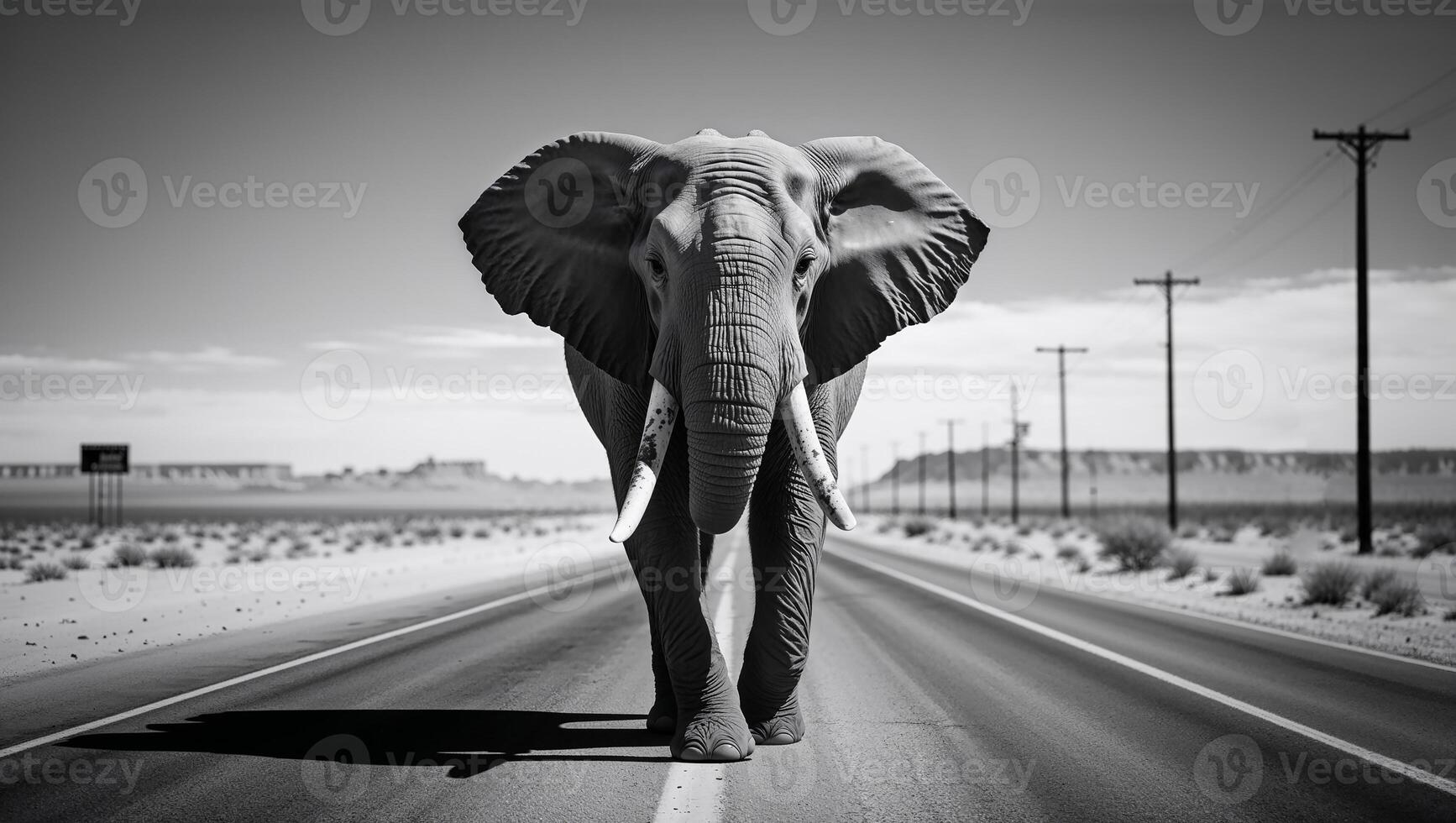 Large elephant walking on desert road in black and white photo