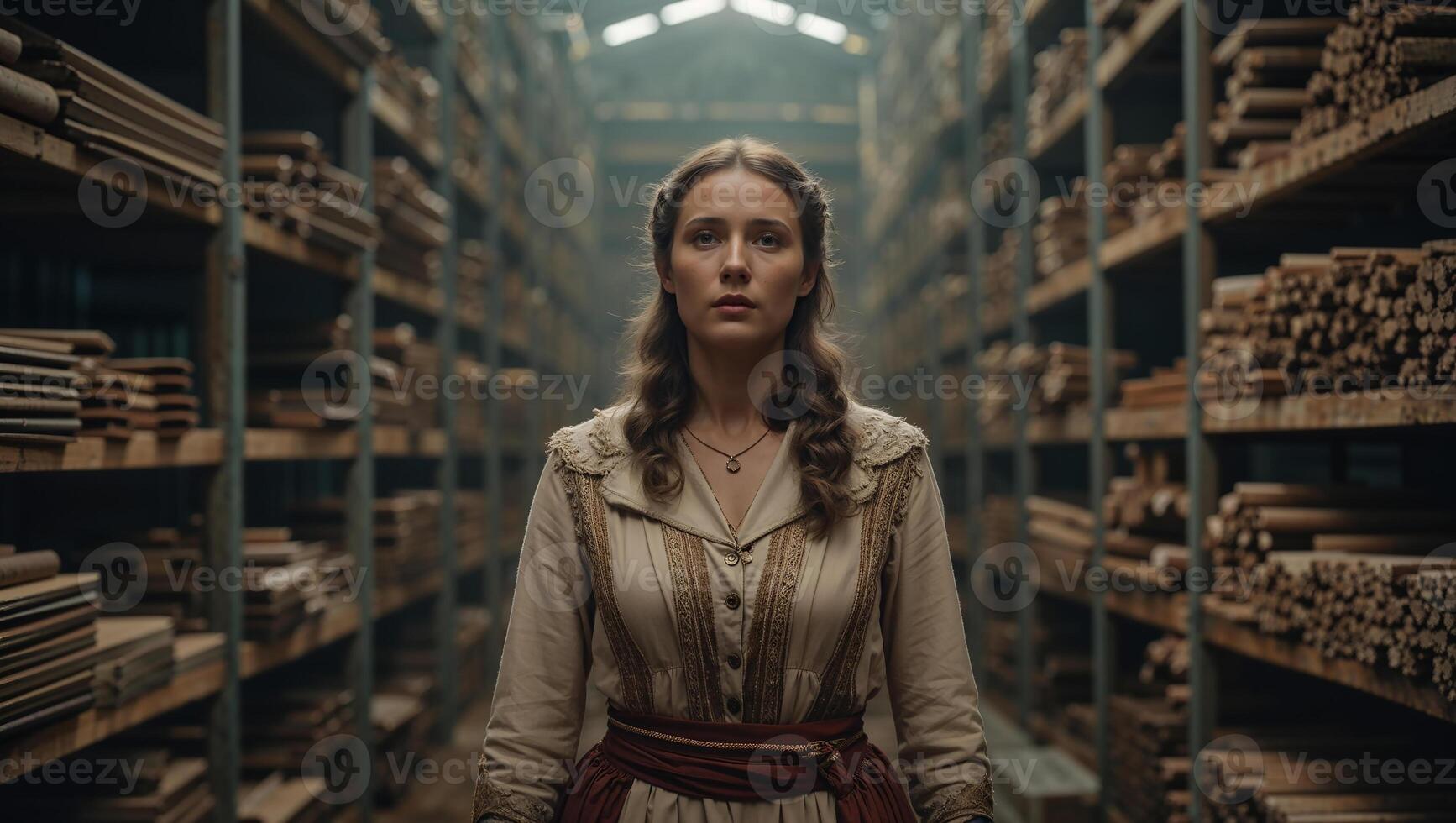 Warehouse worker standing between shelves full of materials photo