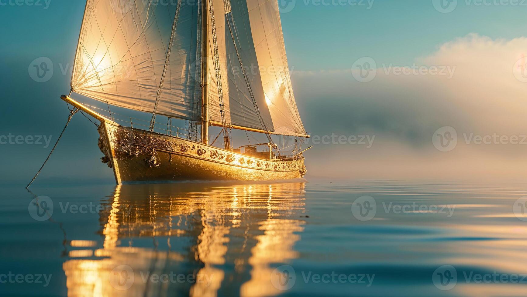 Golden yacht sailing on calm water at sunset photo