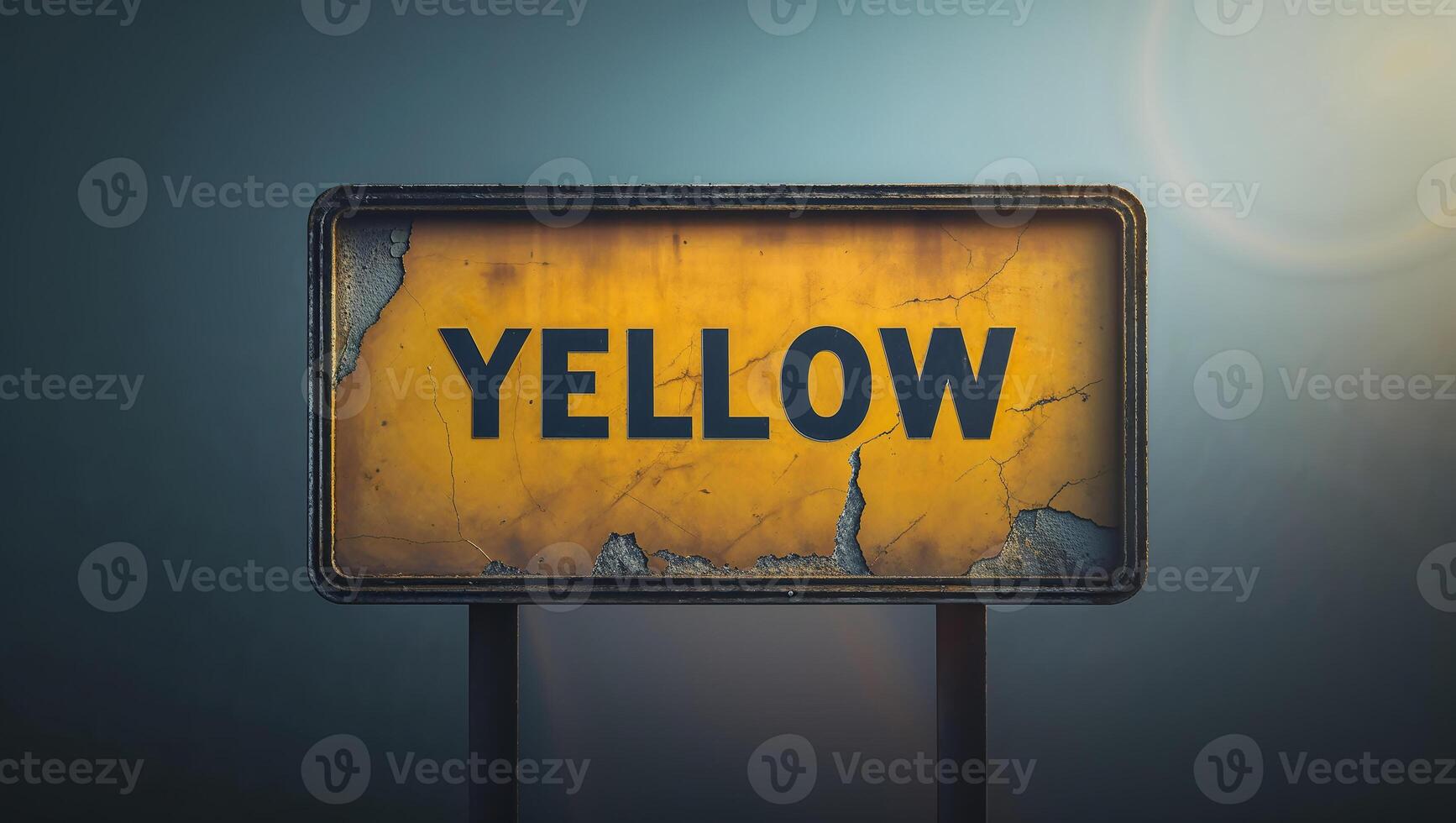 Old weathered sign showing the word yellow in the fog photo