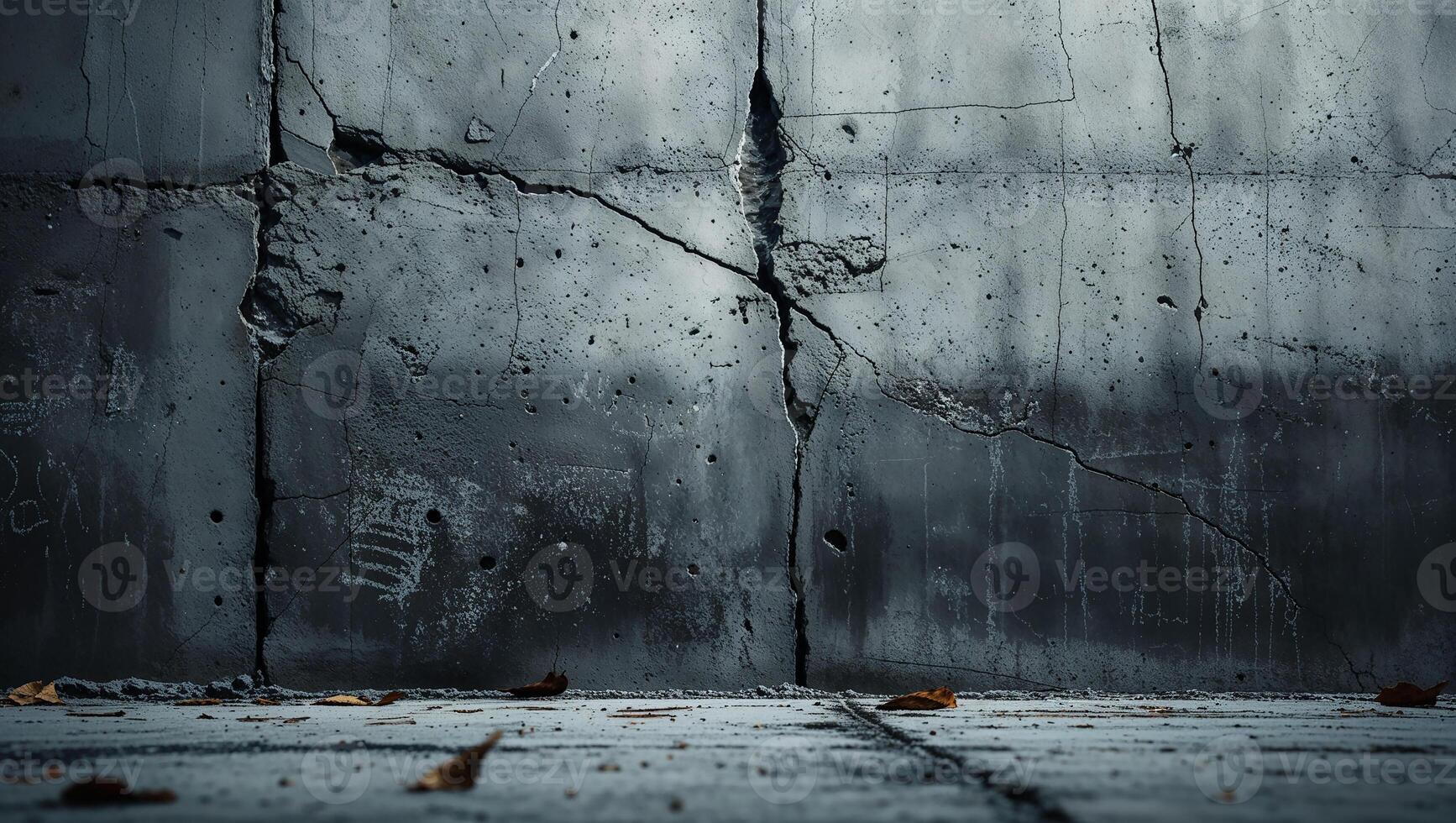 Dark concrete wall with large crack and dry leaves on the ground photo