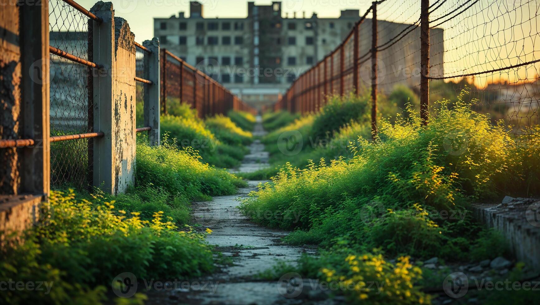 Abandoned building with fences and overgrown plants at sunset photo