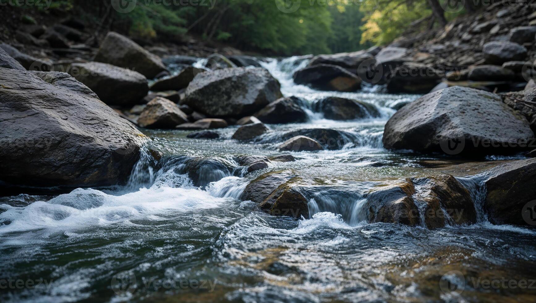 Fresh water cascading down a rocky stream in the forest photo