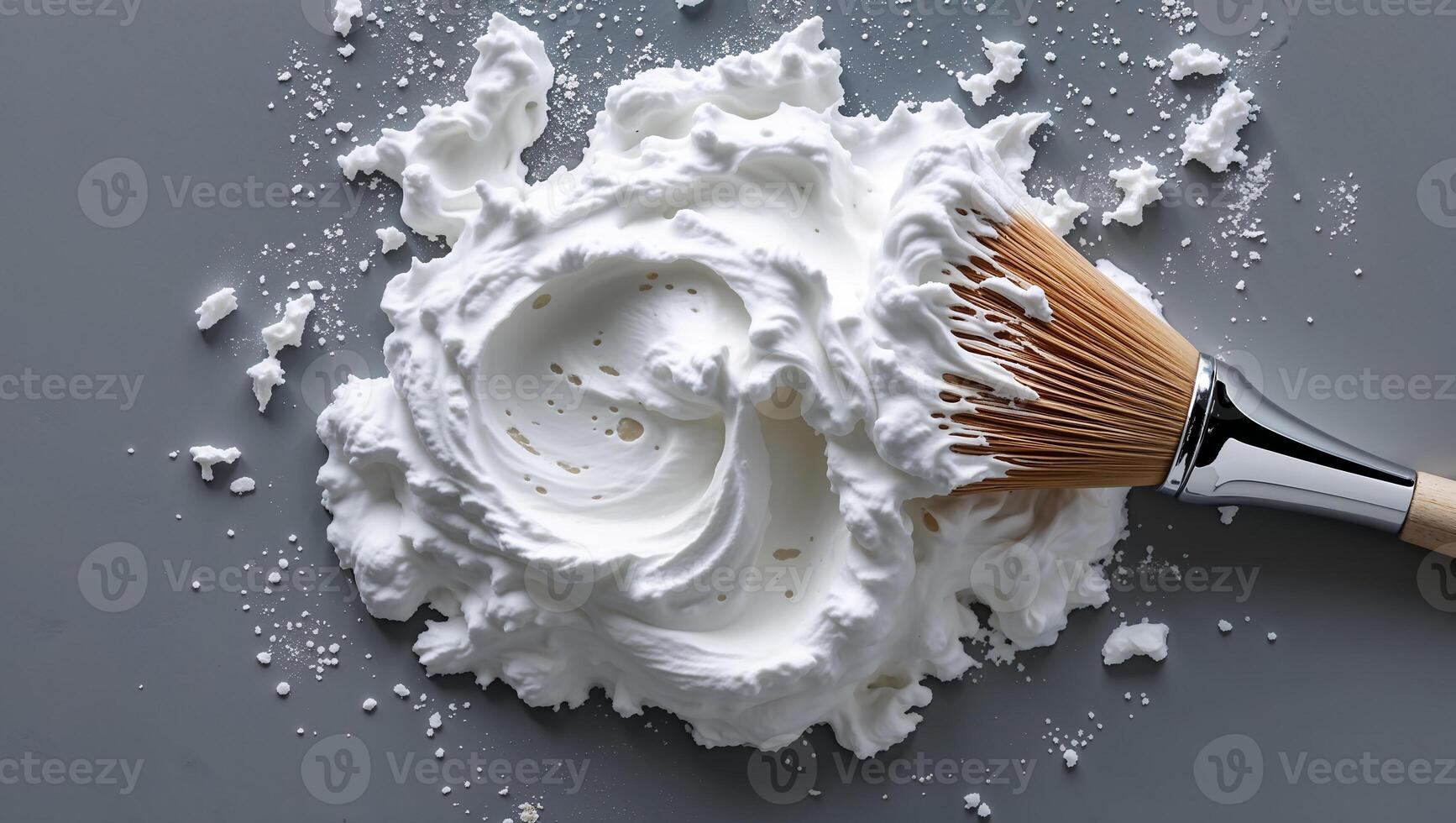 Makeup brush applying white cosmetic cream on gray background photo