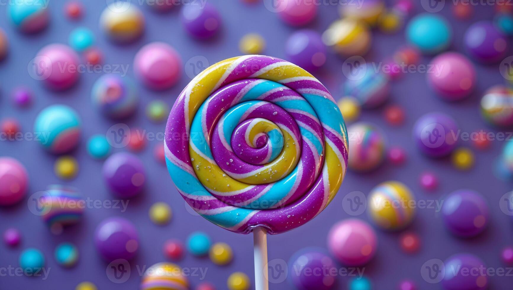 Colorful swirl lollipop with candy background creating festive atmosphere photo