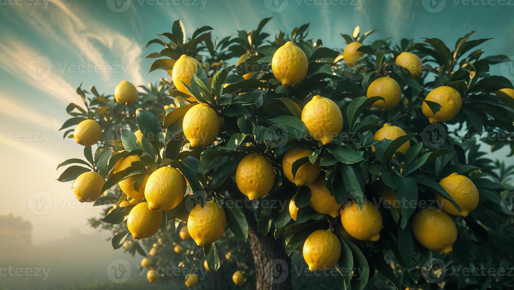 Ripe yellow lemons hanging on a tree branch at sunrise in a misty orchard photo