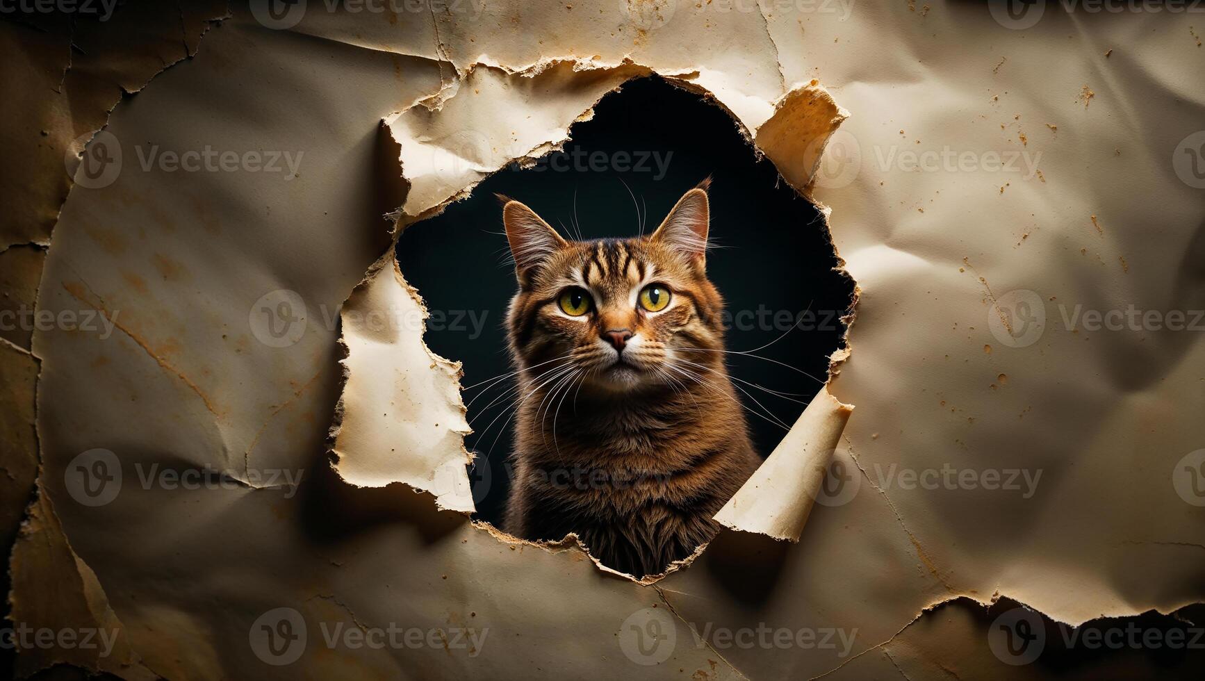Curious cat peeking through hole in old paper background photo