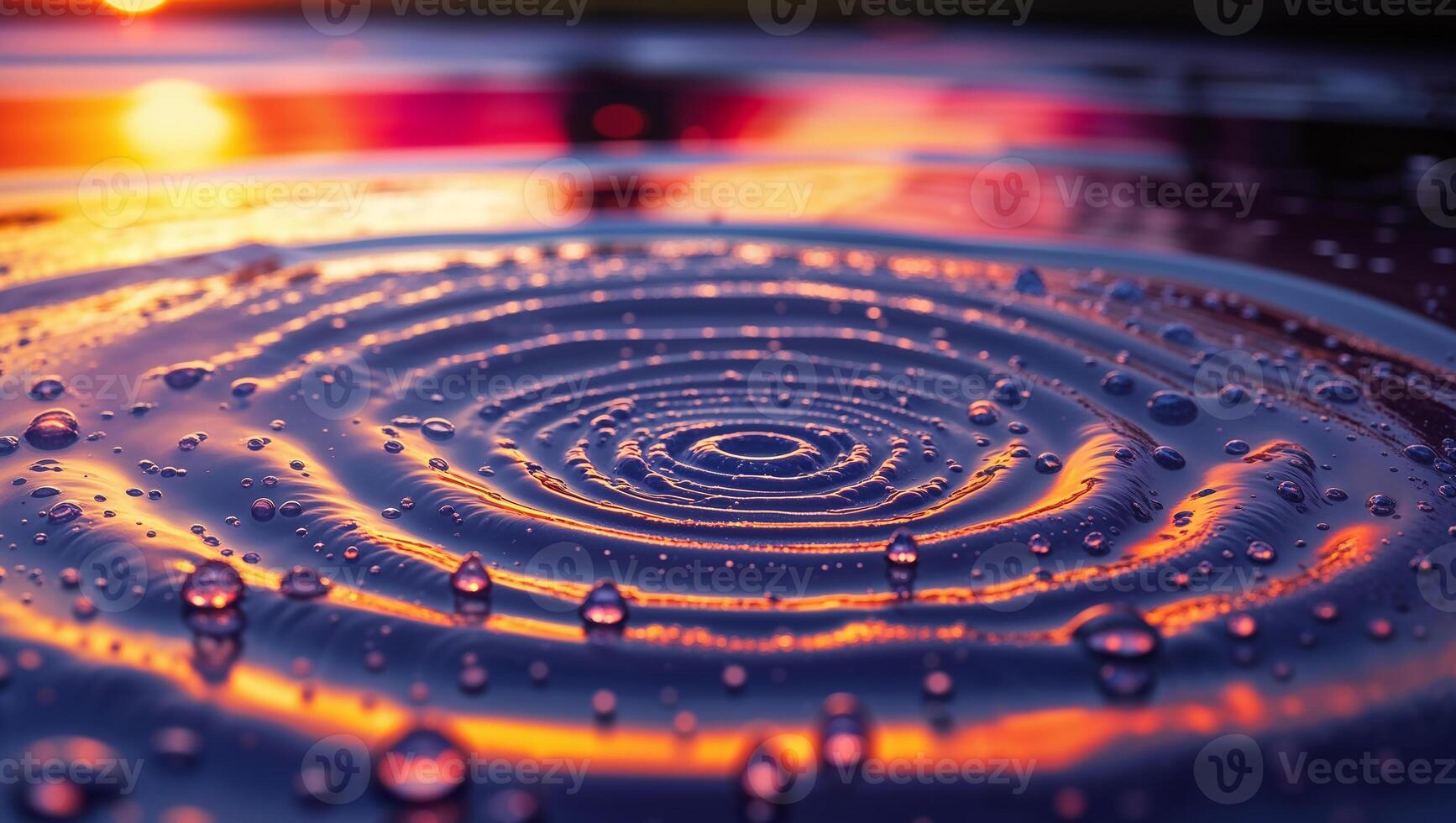 Sunset reflecting on water surface with concentric ripples and droplets photo