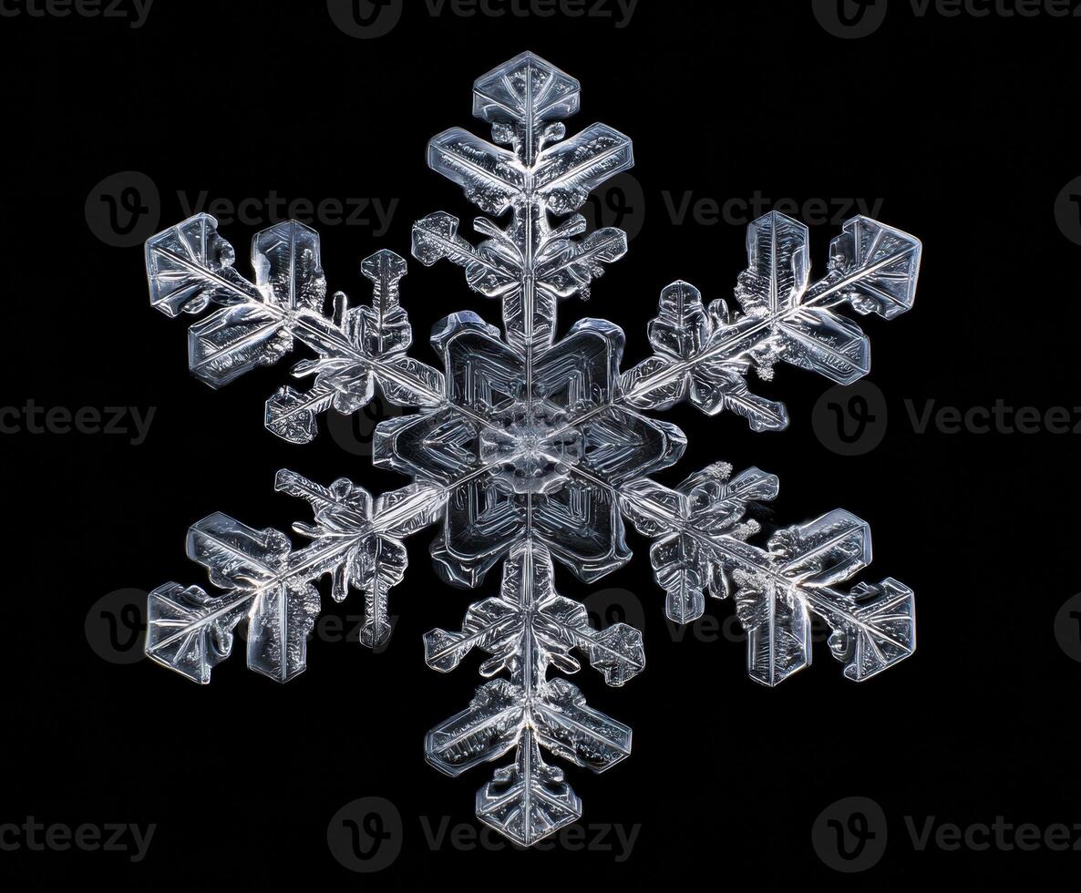 Unique snowflake with intricate crystal structure on black background photo
