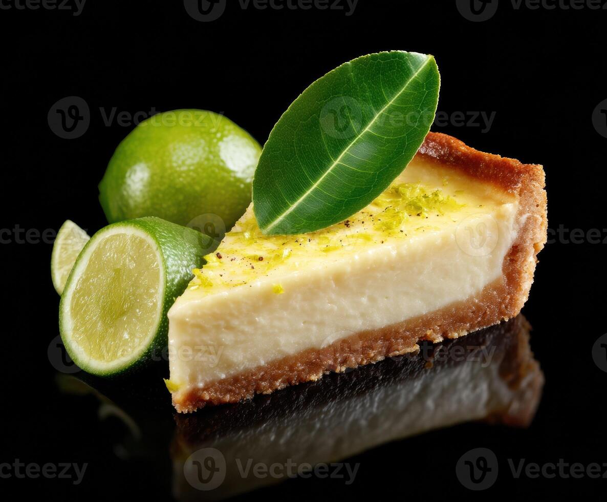 Lime cheesecake slice garnished with fresh lime and leaves photo