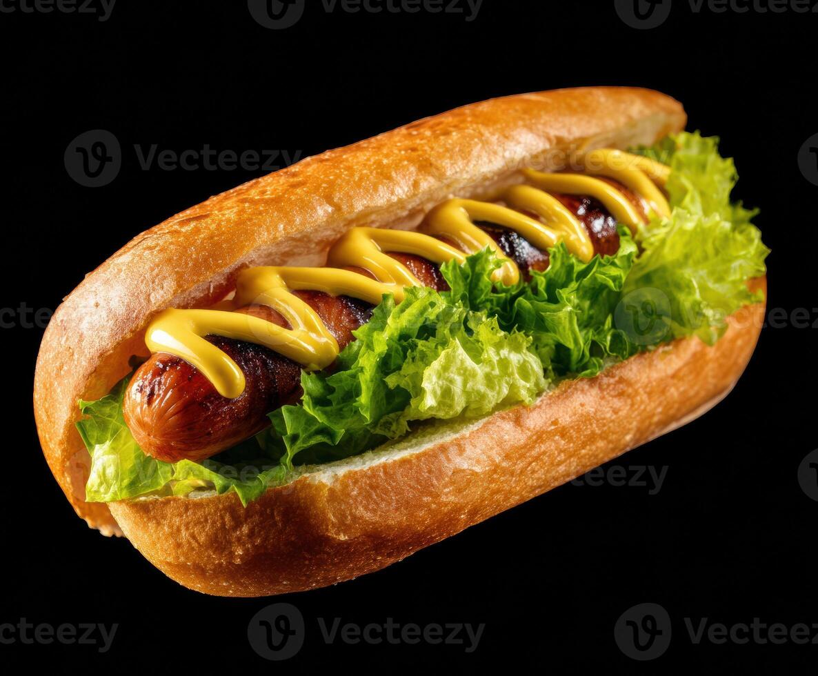 Delicious hot dog with mustard and fresh lettuce in a bun photo