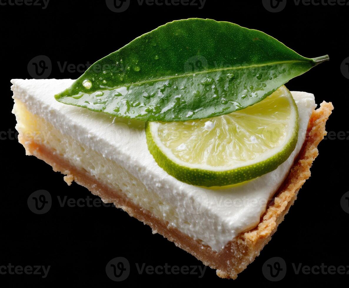 Refreshing lime dessert slice with cream and green leaf garnish photo