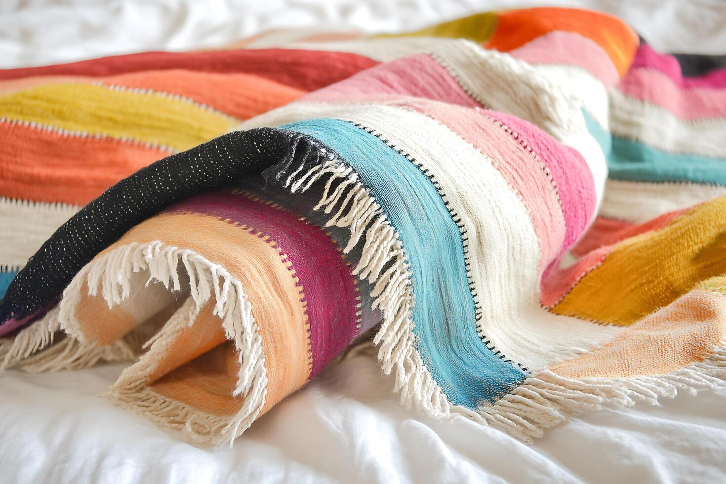 Vibrant Knitted Scarf Colorful Stripes with Fringed Edges on a Soft Background photo