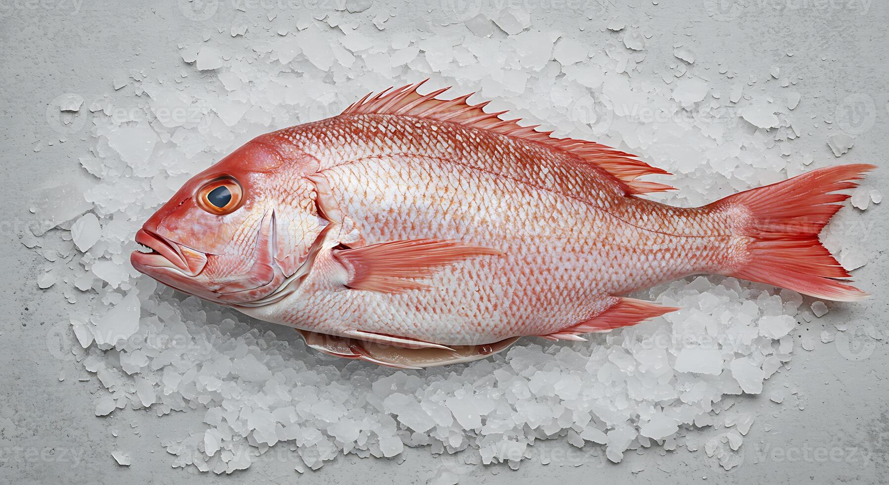 A red fish is sitting on top of a pile of ice photo