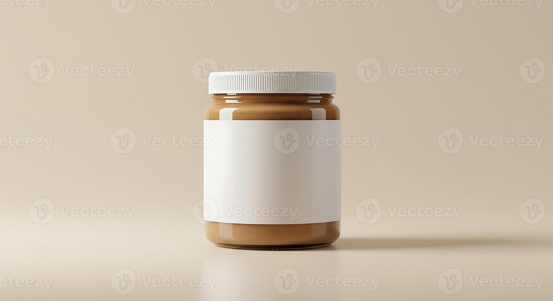 A jar of peanut butter on a beige background photo
