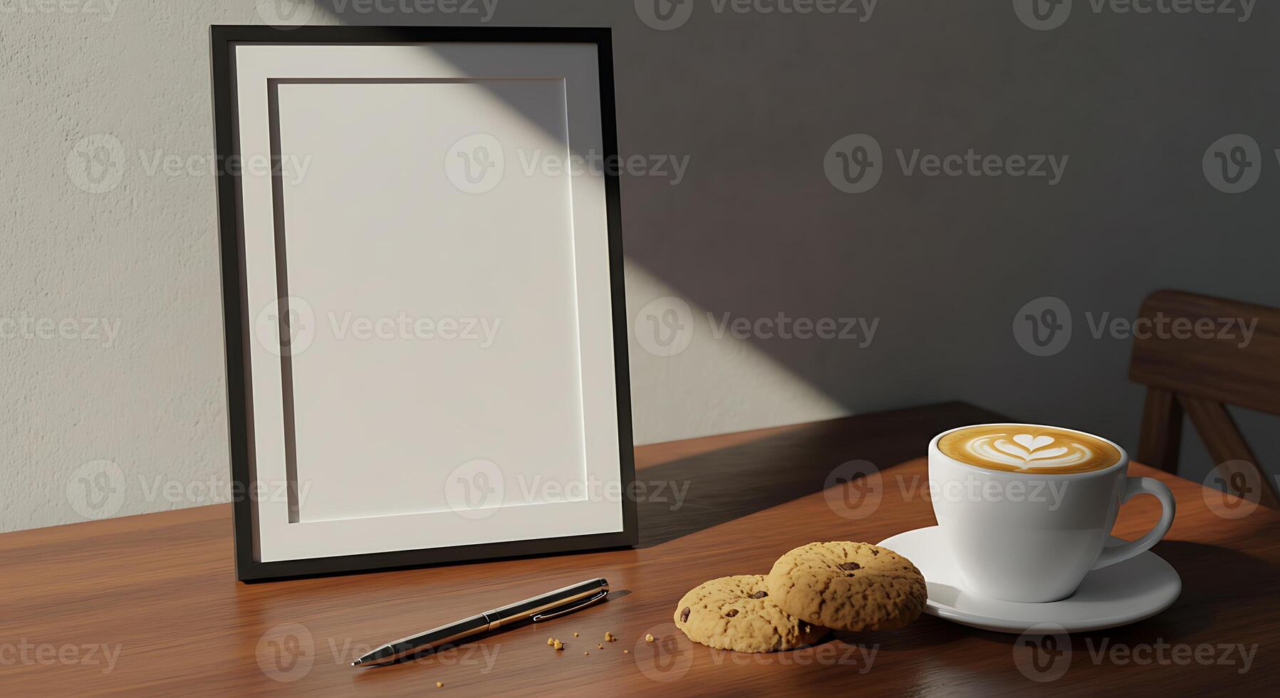 A coffee and a cookie on a table photo