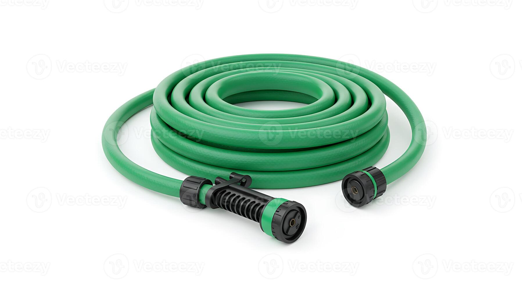 Green Garden Hose Coil with Nozzle, Isolated on White Background photo