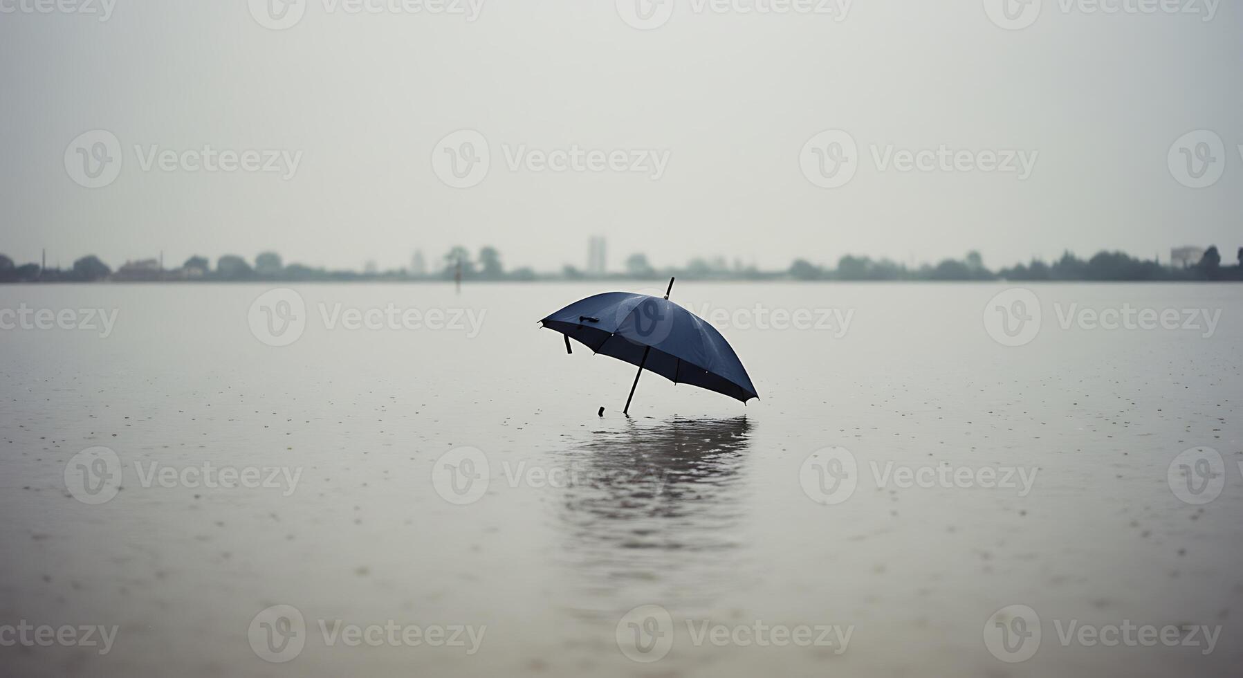 A blue umbrella floating in a flooded field photo