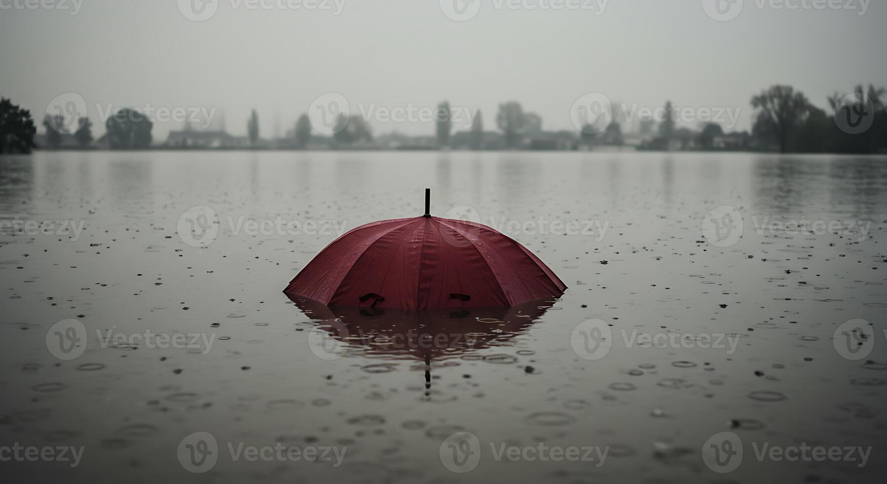 A red umbrella floating in a lake photo