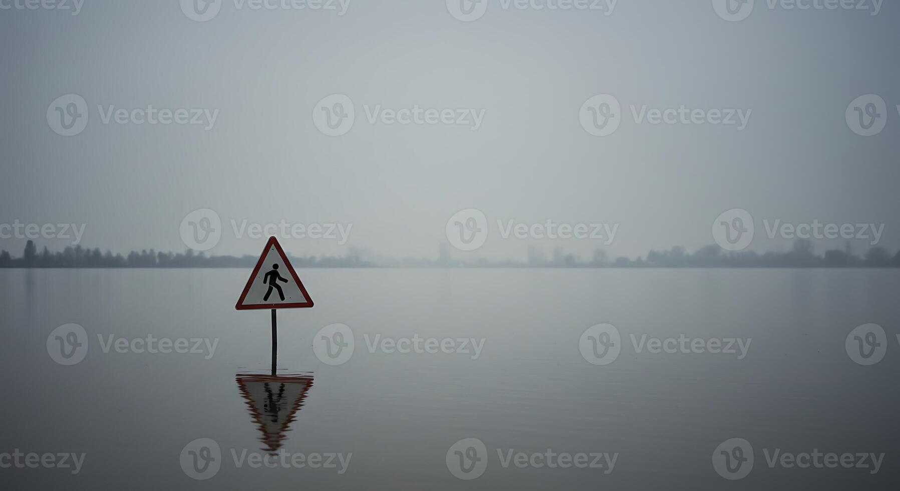 A sign is standing in the middle of a lake photo